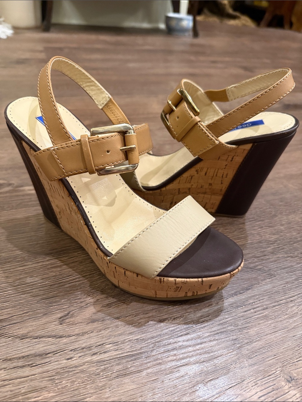 Dee Keller Women's Tan and Cream Cork Wedge Sandals with Buckle Straps Size 38